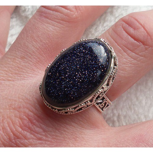 Silberring mit ovalem blauem Goldstein bearbeitet 18 mm