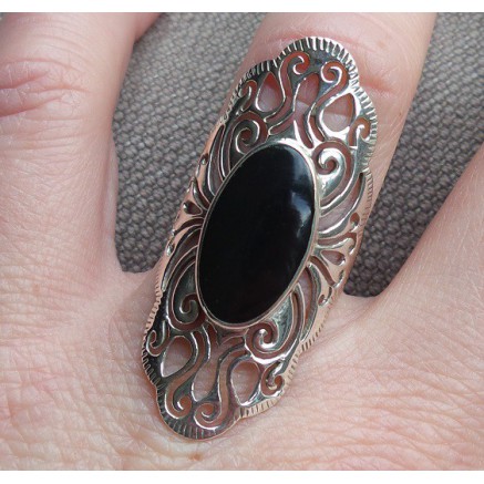 Silver ring with oval onyx open worked head 16.5 mm