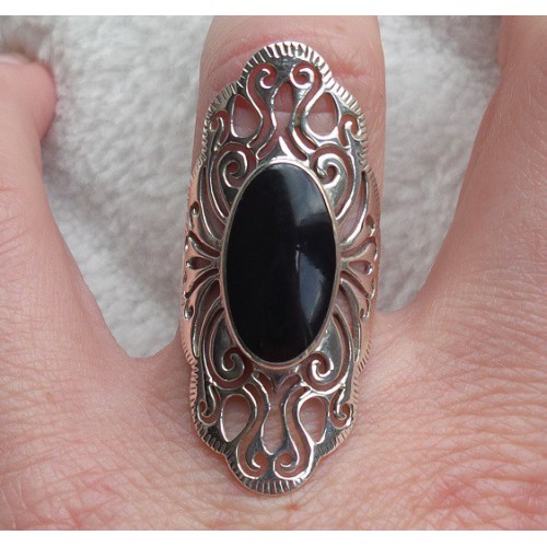 Silver ring with oval onyx open worked head 16.5 mm