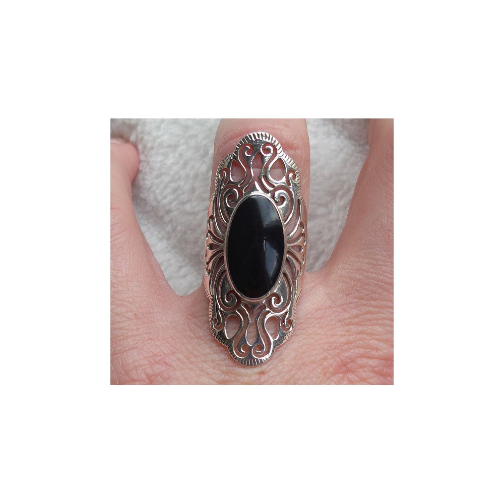 Silver ring with oval onyx open worked head 16.5 mm