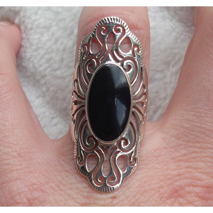 Silver ring with oval onyx open worked head 16.5 mm