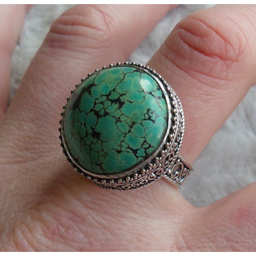 Silver ring with round Tibetan turquoise edited setting 19 mm