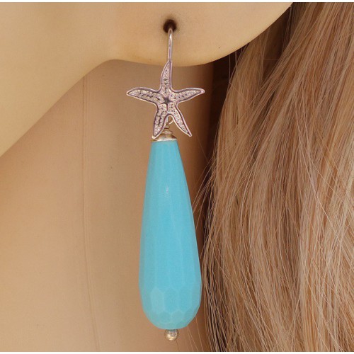 Silver earrings with narrow long turquoise briolet