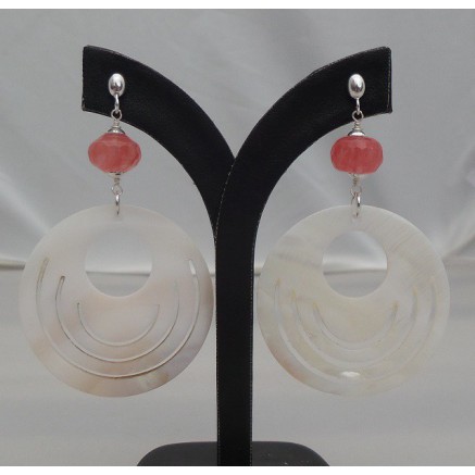 Silver earrings with round mother -of -pearl and cherry quartz