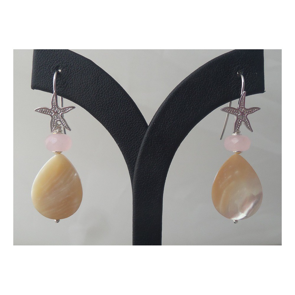 Silver earrings with rose quartz and mother -of -pearl briolet