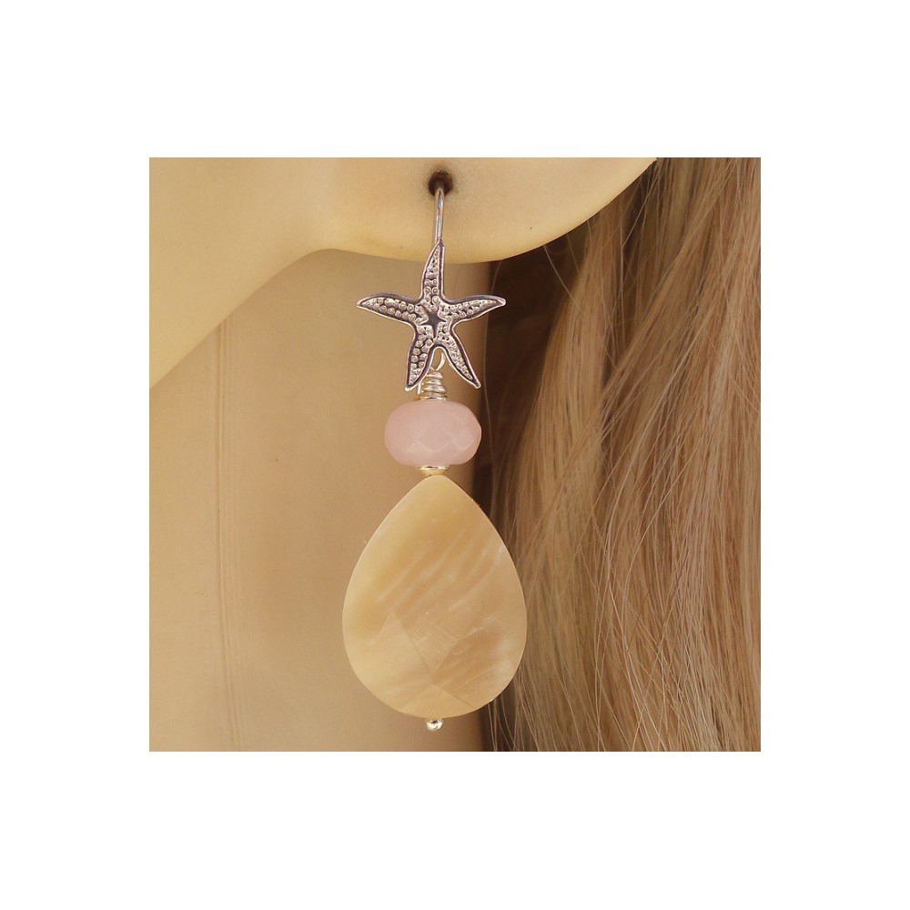 Silver earrings with rose quartz and mother -of -pearl briolet