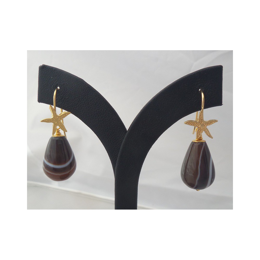 Gilded earrings with brown agate briolet