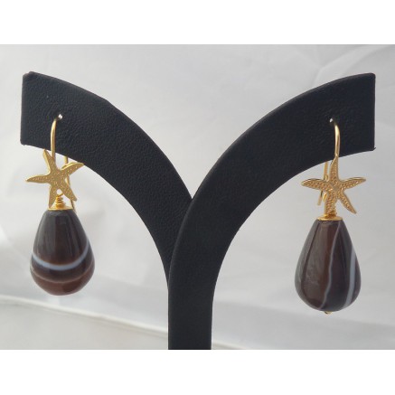 Gilded earrings with brown agate briolet