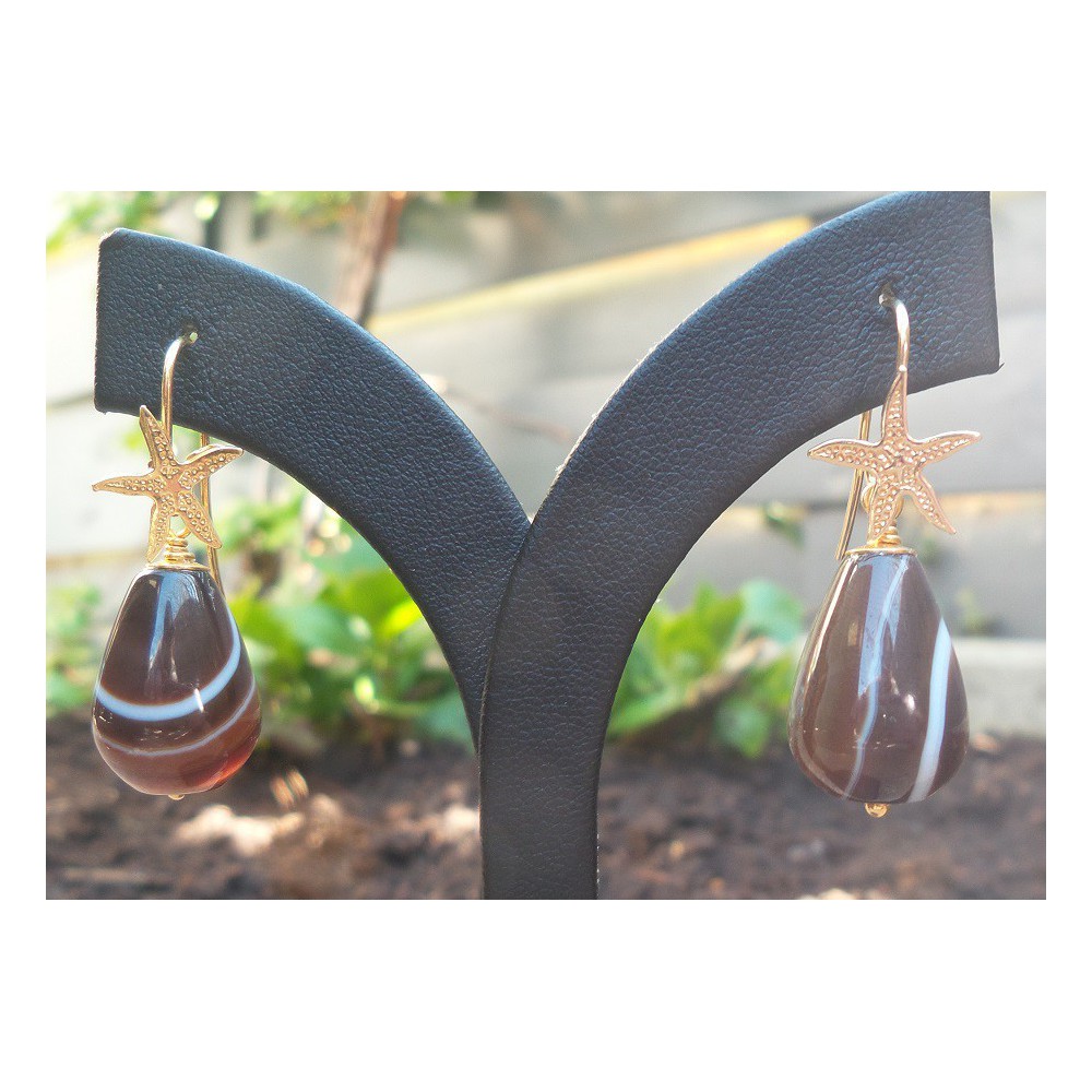 Gilded earrings with brown agate briolet