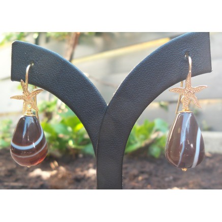 Gilded earrings with brown agate briolet