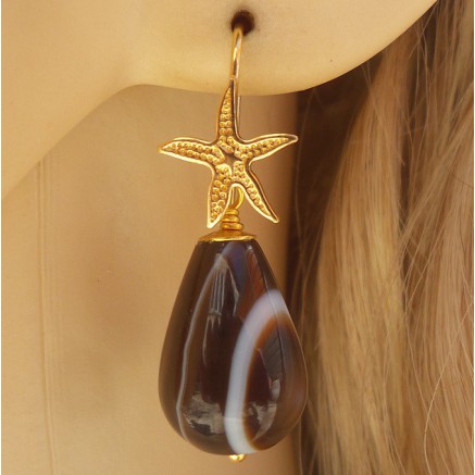 Gilded earrings with brown agate briolet