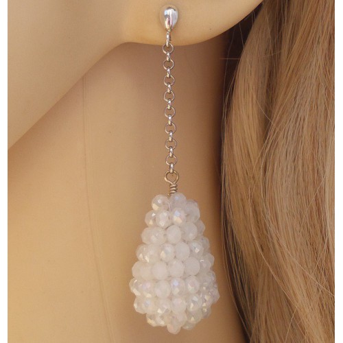 Silver long earrings with a drop of white crystals