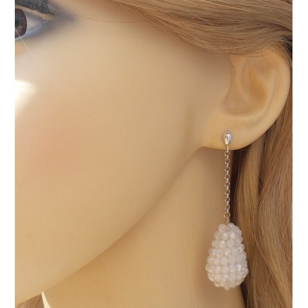 Silver long earrings with a drop of white crystals