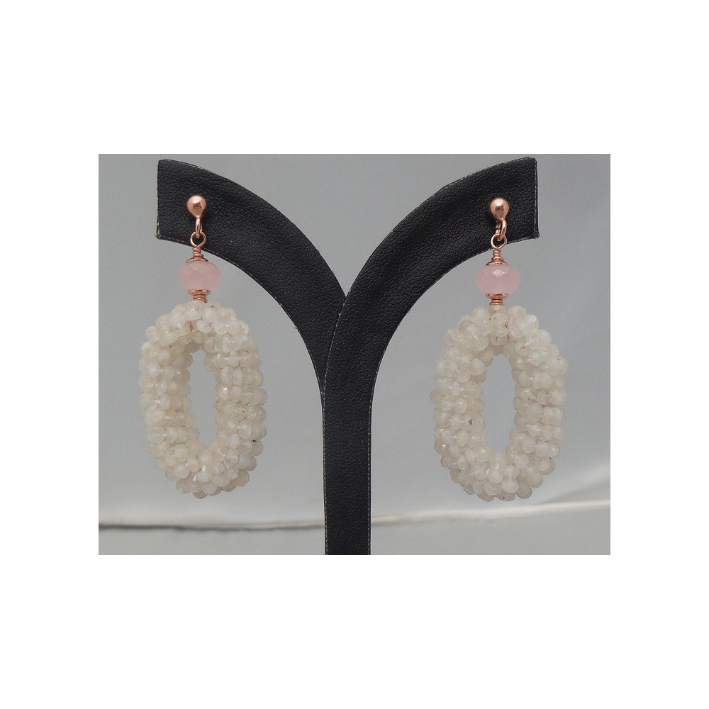 Rosé gilt earrings with oval of moonstones and rose quartz