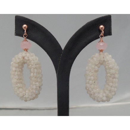 Rosé gilt earrings with oval of moonstones and rose quartz