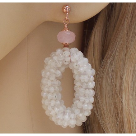 Rosé gilt earrings with oval of moonstones and rose quartz