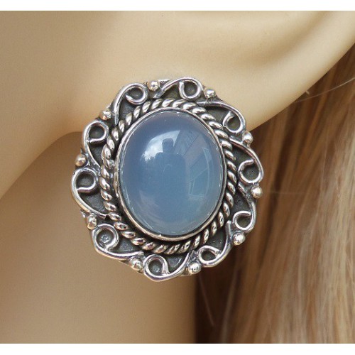 Silver ear buttons with chalcedony in edited setting