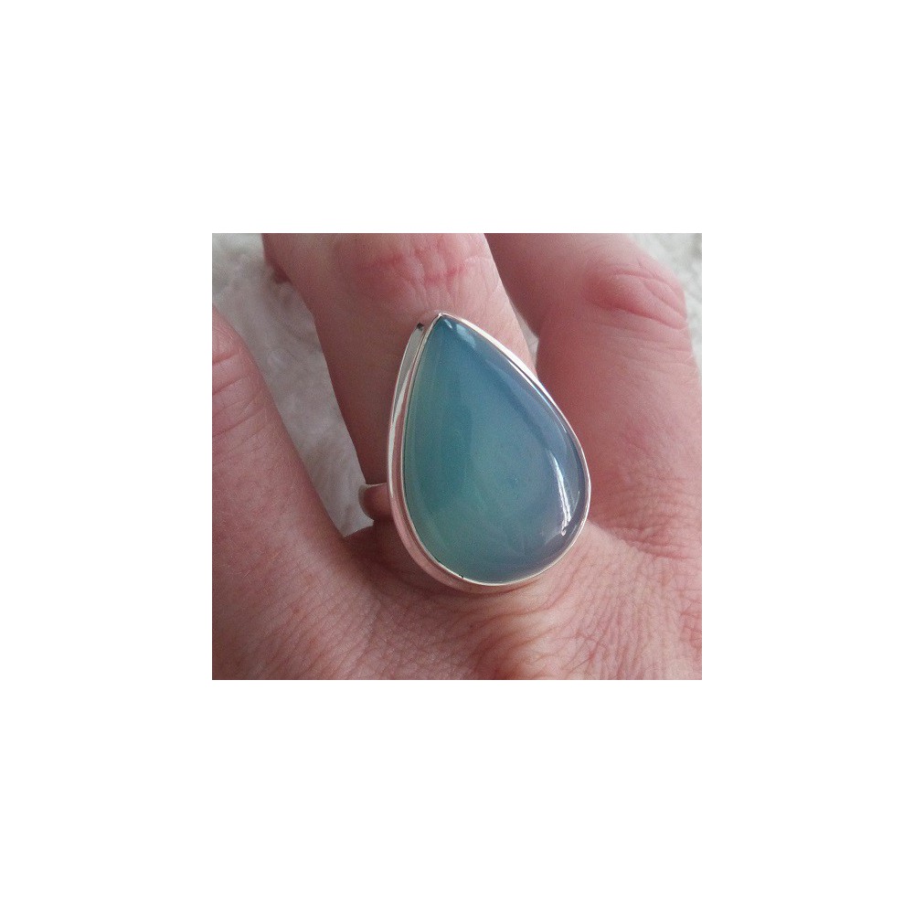 Silver ring set with drop shape Aqua Chalcedone 19 mm