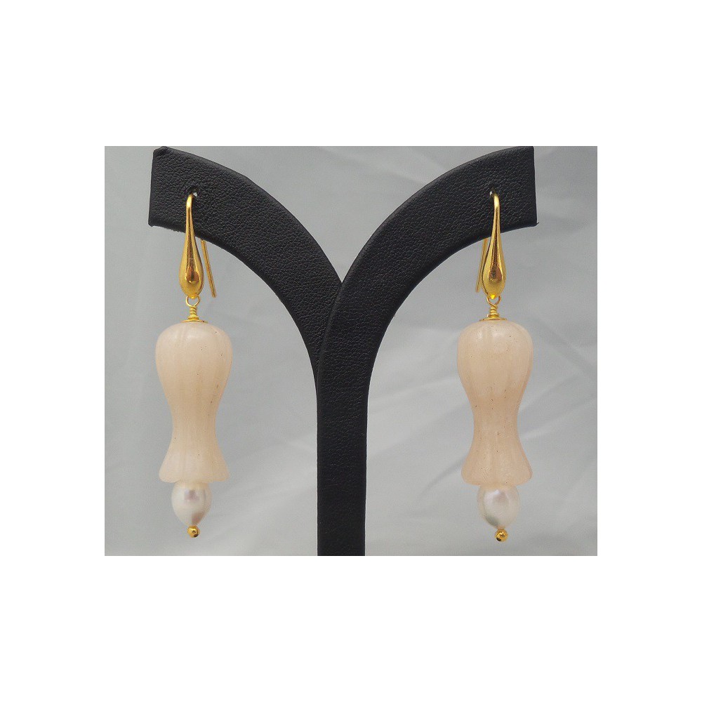 Gilded earrings with orange Aventurine and Pearl