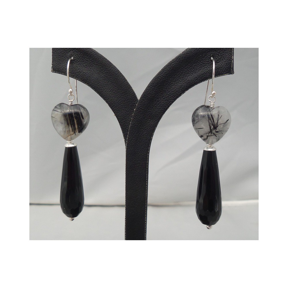 Silver earrings Heart of tourmaline quartz and Onyx Briolet