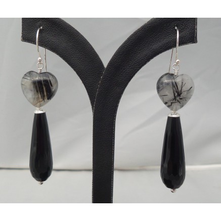 Silver earrings Heart of tourmaline quartz and Onyx Briolet