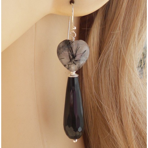 Silver earrings Heart of tourmaline quartz and Onyx Briolet