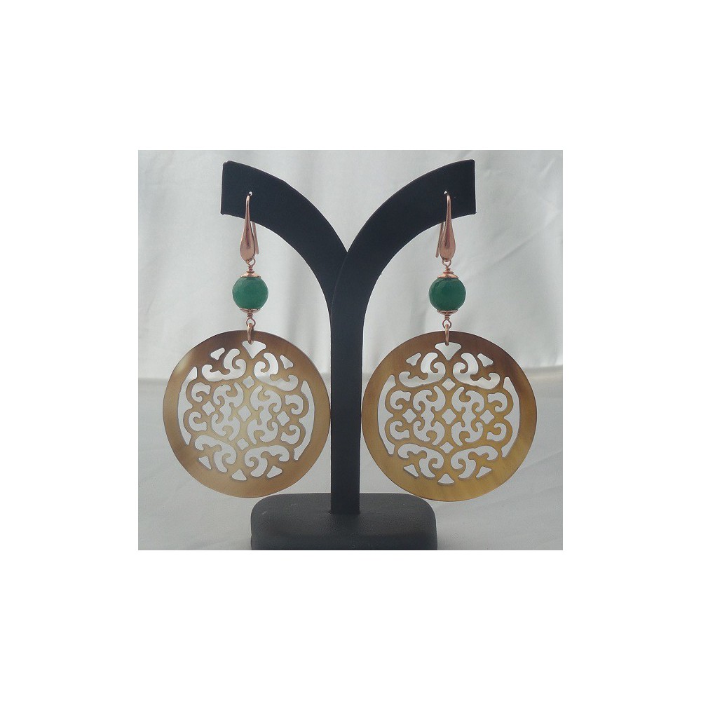 Rosé gilt earrings with round buffalo horn and green jade