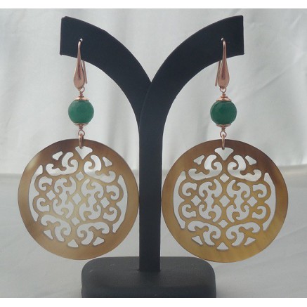 Rosé gilt earrings with round buffalo horn and green jade