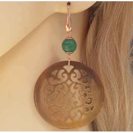 Rosé gilt earrings with round buffalo horn and green jade