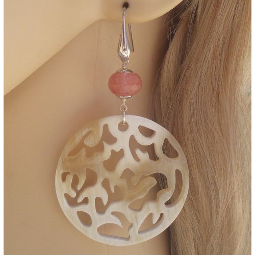 Silver earrings with round buffalo horn and cherry quartz