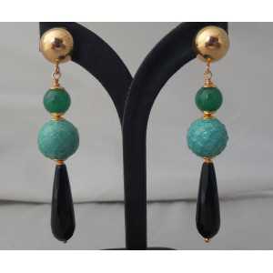 Gold plated earrings with Onyx, Jade and sphere of Snakeskin