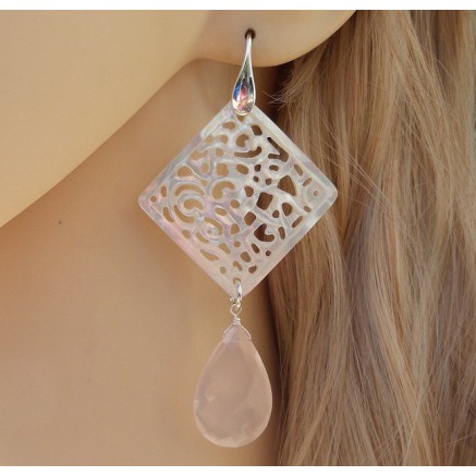 Silver earrings with cut -out mother -of -pearl and pink chalcedone