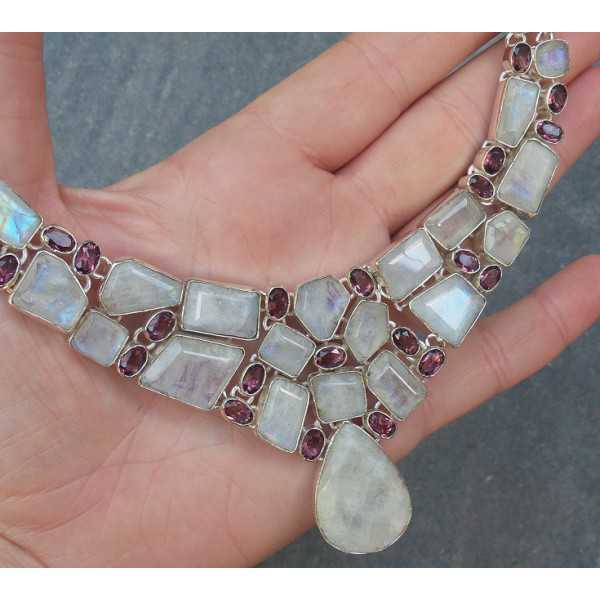 Silber Halskette und Ohrstecker mit Mondsteine und Amethisten 