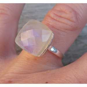 Silver ring set with square facet rainbow Moonstone 