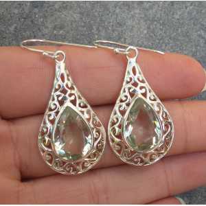 Silver earrings with green Amethyst in open worked setting