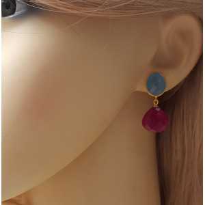 Gold plated earrings with blue Chalcedony and fuchsia pink Chalcedony