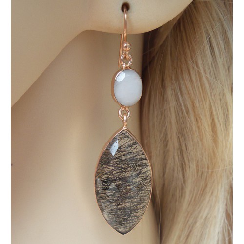 Gilded earrings with tourmaline quartz and white agate