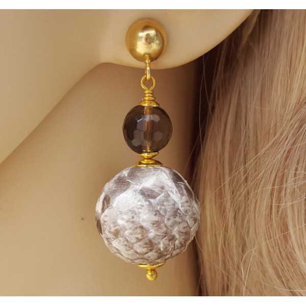 Gold plated earrings with Smokey Topaz and sphere of snakeskin
