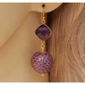 Gold plated earrings with Amethyst and sphere of snakeskin