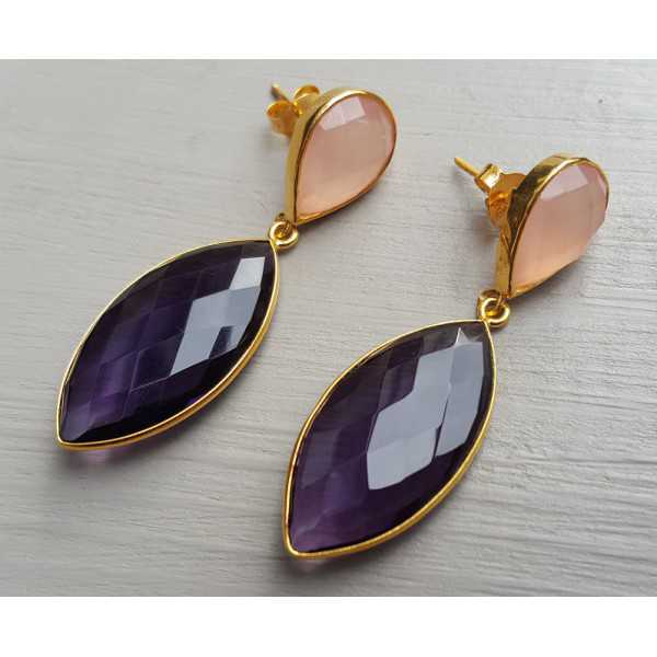 Vergoldete Ohrringe mit marquise-Amethyst-und rosa Chalcedon