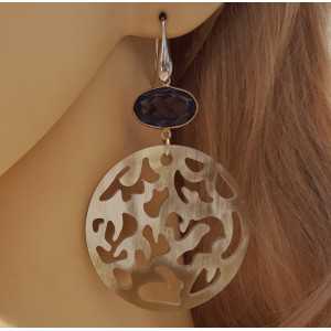 Silver earrings round-cut buffalo horn and Amethyst