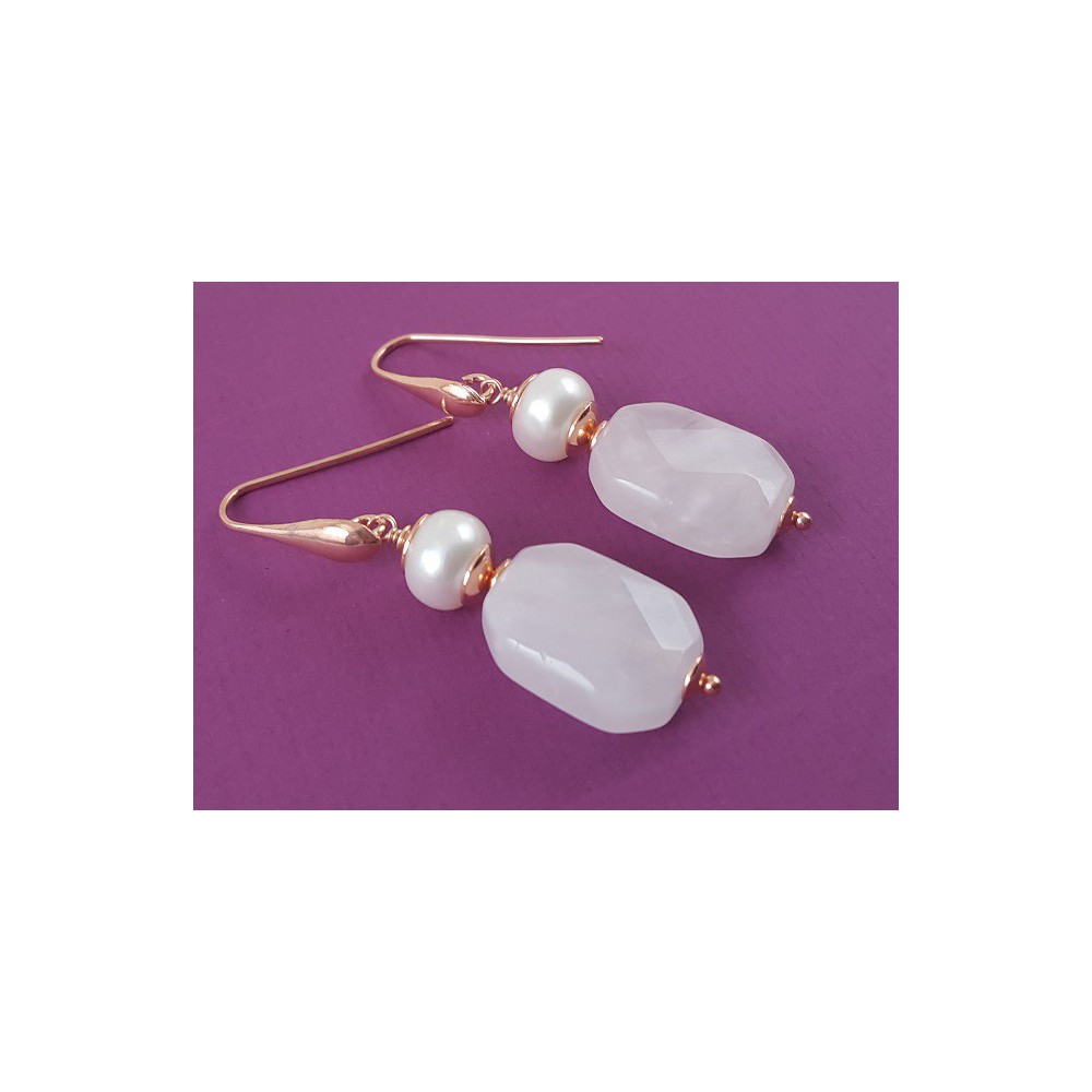 Rosé gilt earrings with rose quartz and pearl