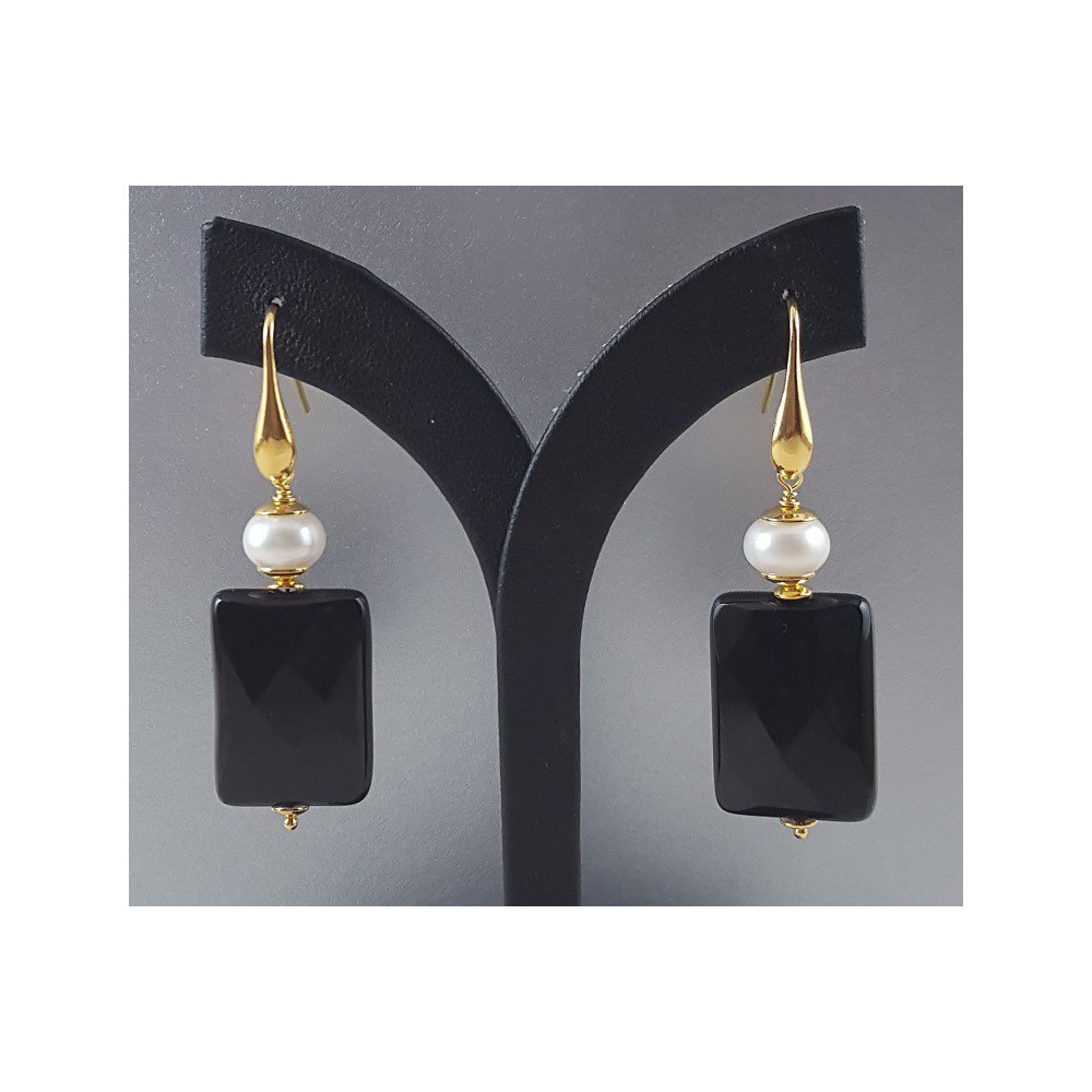 Gold vergoldete Ohrringe mit schwarzem Onyx und Perle