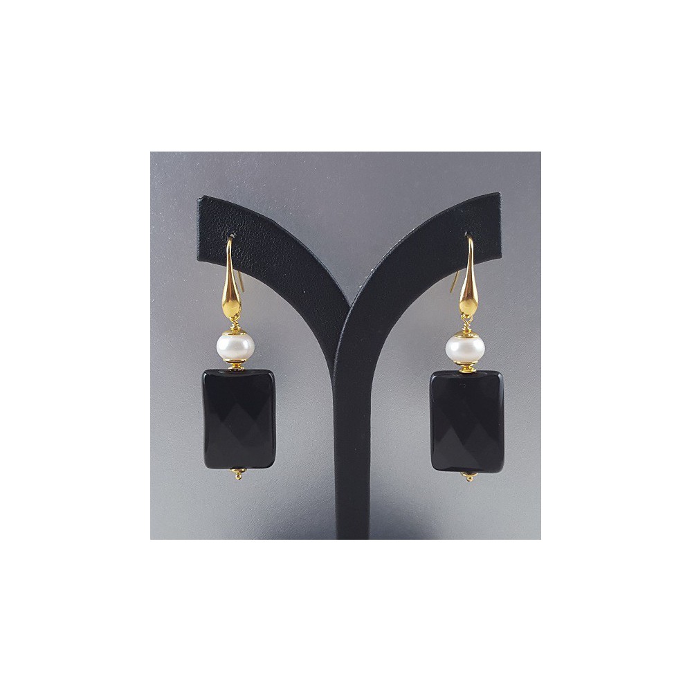 Gold vergoldete Ohrringe mit schwarzem Onyx und Perle