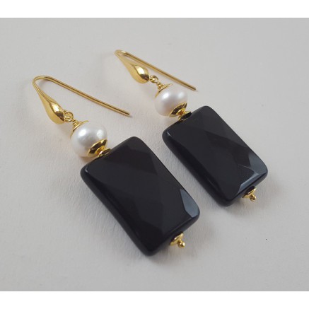 Gold vergoldete Ohrringe mit schwarzem Onyx und Perle