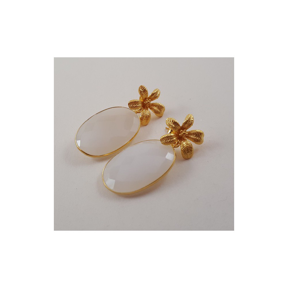 Gold gilded earrings with oval facet white chalcedone