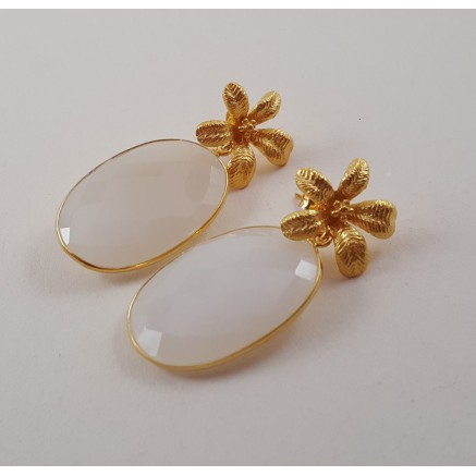 Gold gilded earrings with oval facet white chalcedone