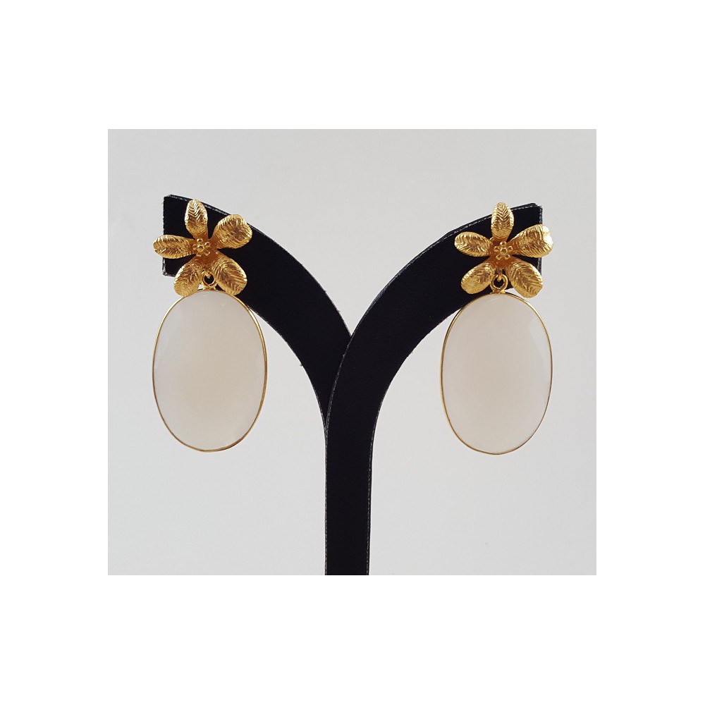 Gold gilded earrings with oval facet white chalcedone