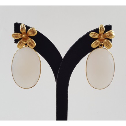 Gold gilded earrings with oval facet white chalcedone