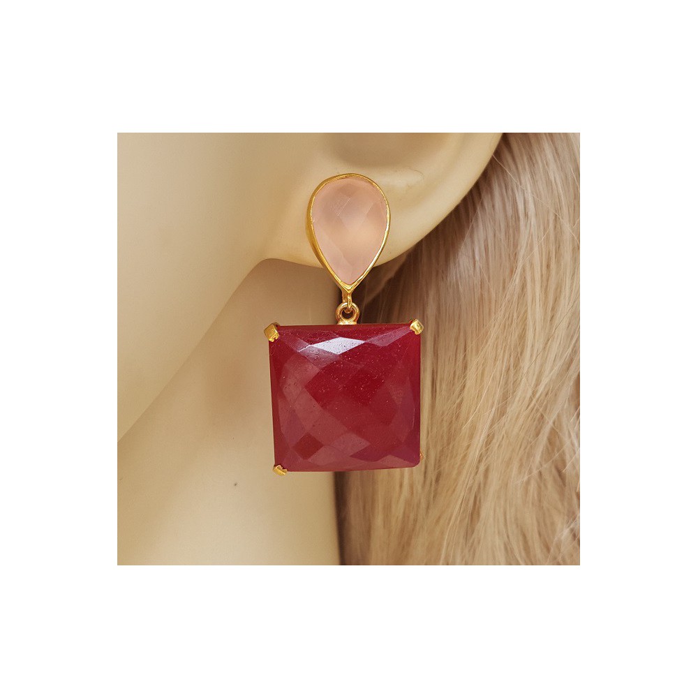 Gold gilded earrings with ruby ​​and pink chalcedone